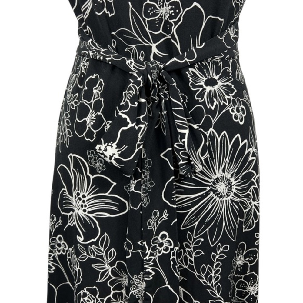 Vintage Y2K Floral Mock Wrap Midi Dress 11/12 Black White Tie Back‎ Empire Waist - Picture 6 of 8